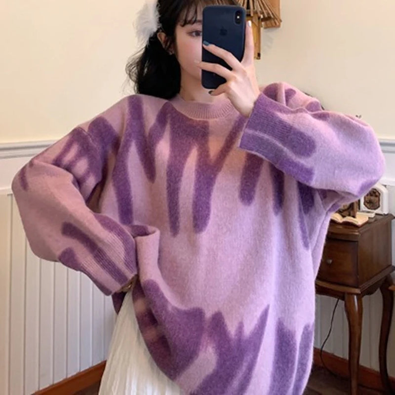 Oversized Pullovers Women Sweater Elegant Green Striped Print Winter Long Sweaters Streetwear Ladies Jumper Warm Outerwear 2022