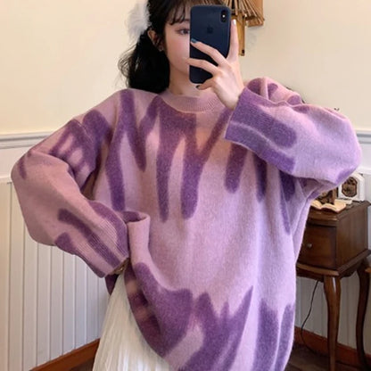 Oversized Pullovers Women Sweater Elegant Green Striped Print Winter Long Sweaters Streetwear Ladies Jumper Warm Outerwear 2022